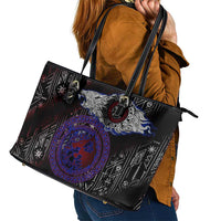 Fenrir Wolf Viking Leather Tote Bag with Vegvisir Runes and Red Circle Norse Legend Tribute - Wonder Print Shop