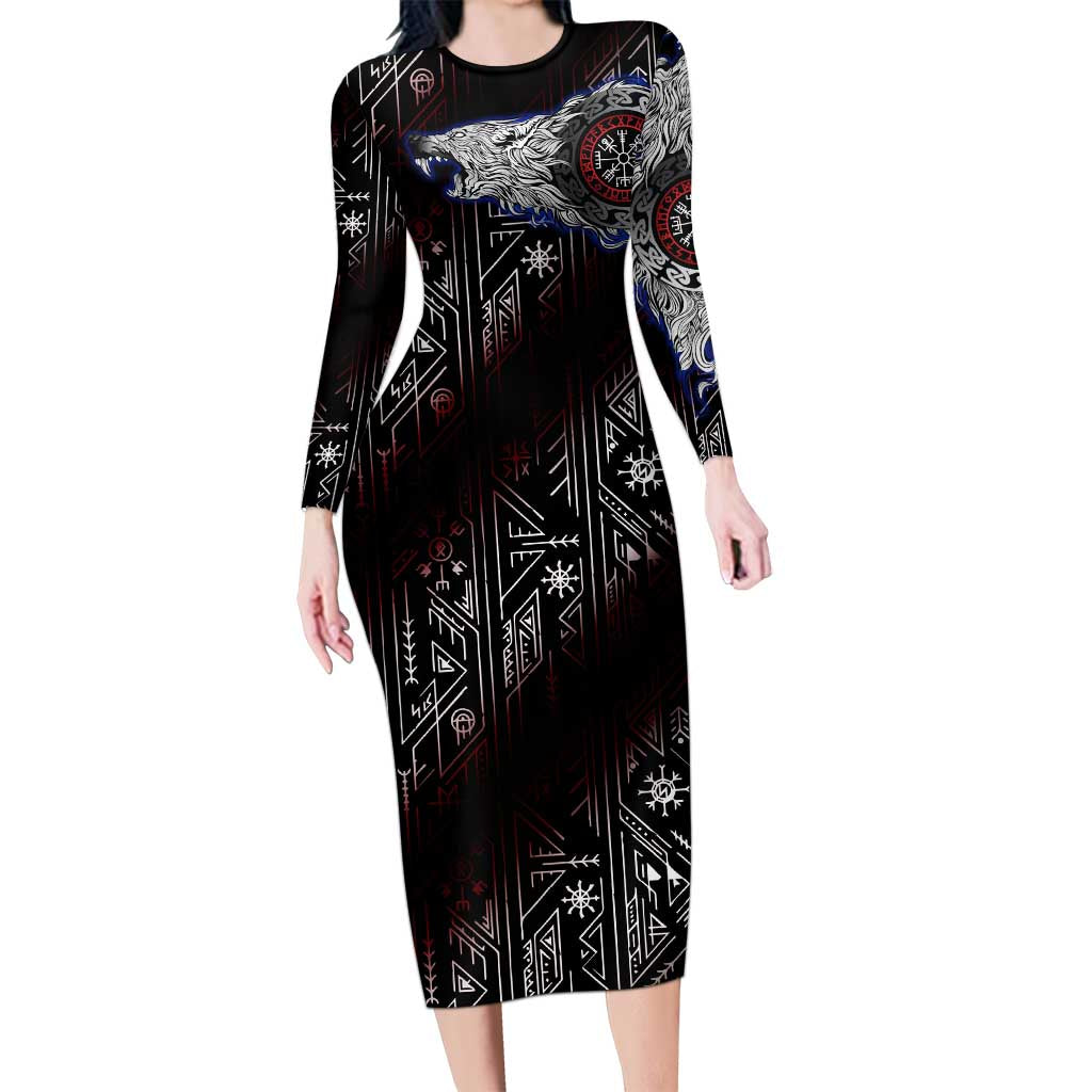 Fenrir Wolf Viking Long Sleeve Bodycon Dress with Vegvisir Runes and Red Circle Norse Legend Tribute - Wonder Print Shop