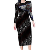 Fenrir Wolf Viking Long Sleeve Bodycon Dress with Vegvisir Runes and Red Circle Norse Legend Tribute - Wonder Print Shop