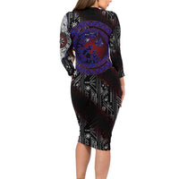 Fenrir Wolf Viking Long Sleeve Bodycon Dress with Vegvisir Runes and Red Circle Norse Legend Tribute - Wonder Print Shop