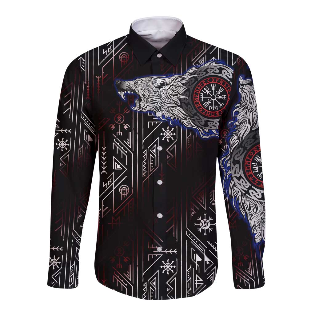 Fenrir Wolf Viking Long Sleeve Button Shirt with Vegvisir Runes and Red Circle Norse Legend Tribute - Wonder Print Shop