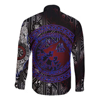 Fenrir Wolf Viking Long Sleeve Button Shirt with Vegvisir Runes and Red Circle Norse Legend Tribute - Wonder Print Shop