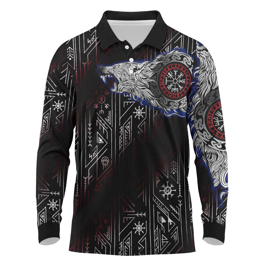 Fenrir Wolf Viking Long Sleeve Polo Shirt with Vegvisir Runes and Red Circle Norse Legend Tribute - Wonder Print Shop
