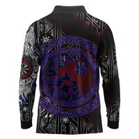 Fenrir Wolf Viking Long Sleeve Polo Shirt with Vegvisir Runes and Red Circle Norse Legend Tribute - Wonder Print Shop