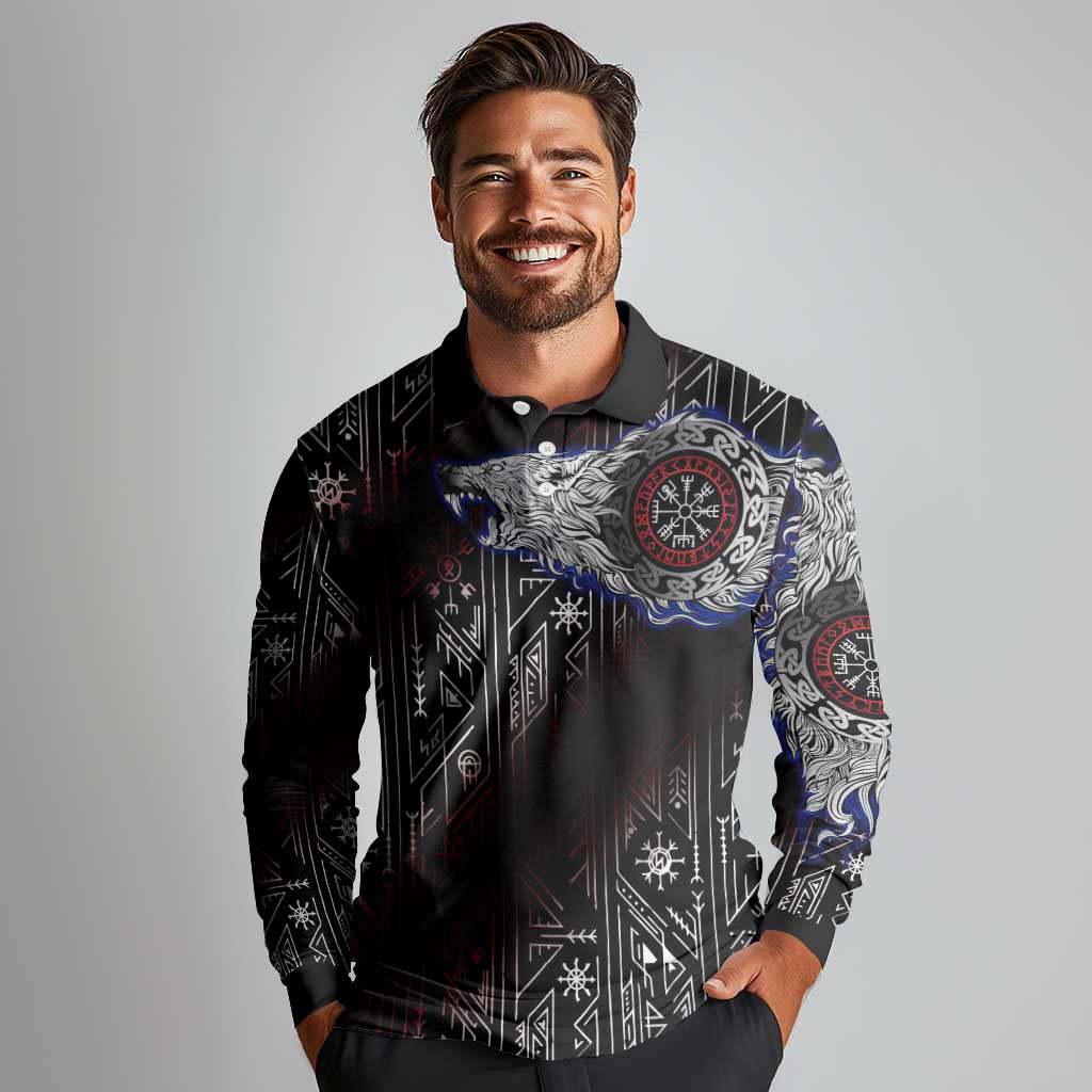 Fenrir Wolf Viking Long Sleeve Polo Shirt with Vegvisir Runes and Red Circle Norse Legend Tribute - Wonder Print Shop