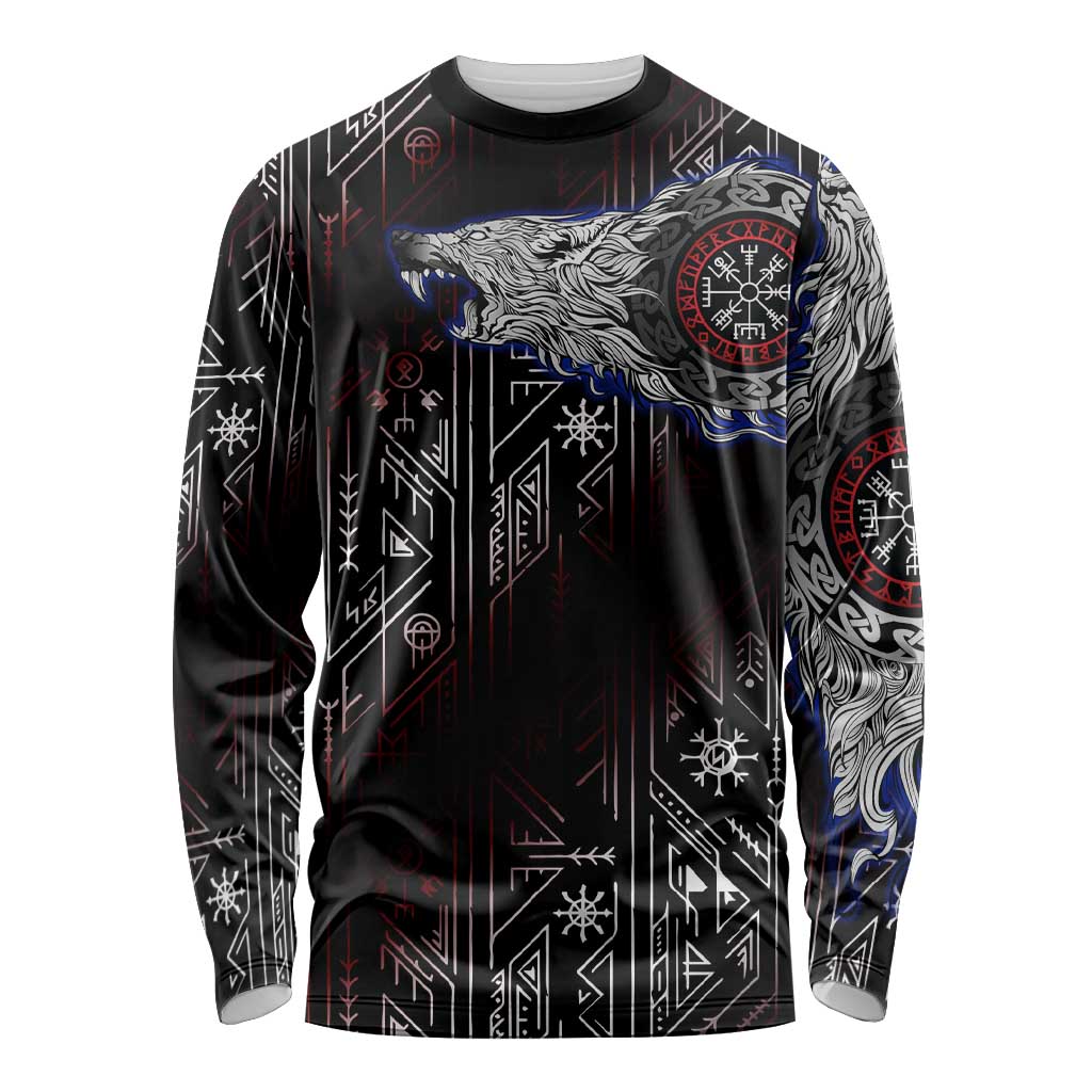 Fenrir Wolf Viking Long Sleeve Shirt with Vegvisir Runes and Red Circle Norse Legend Tribute - Wonder Print Shop