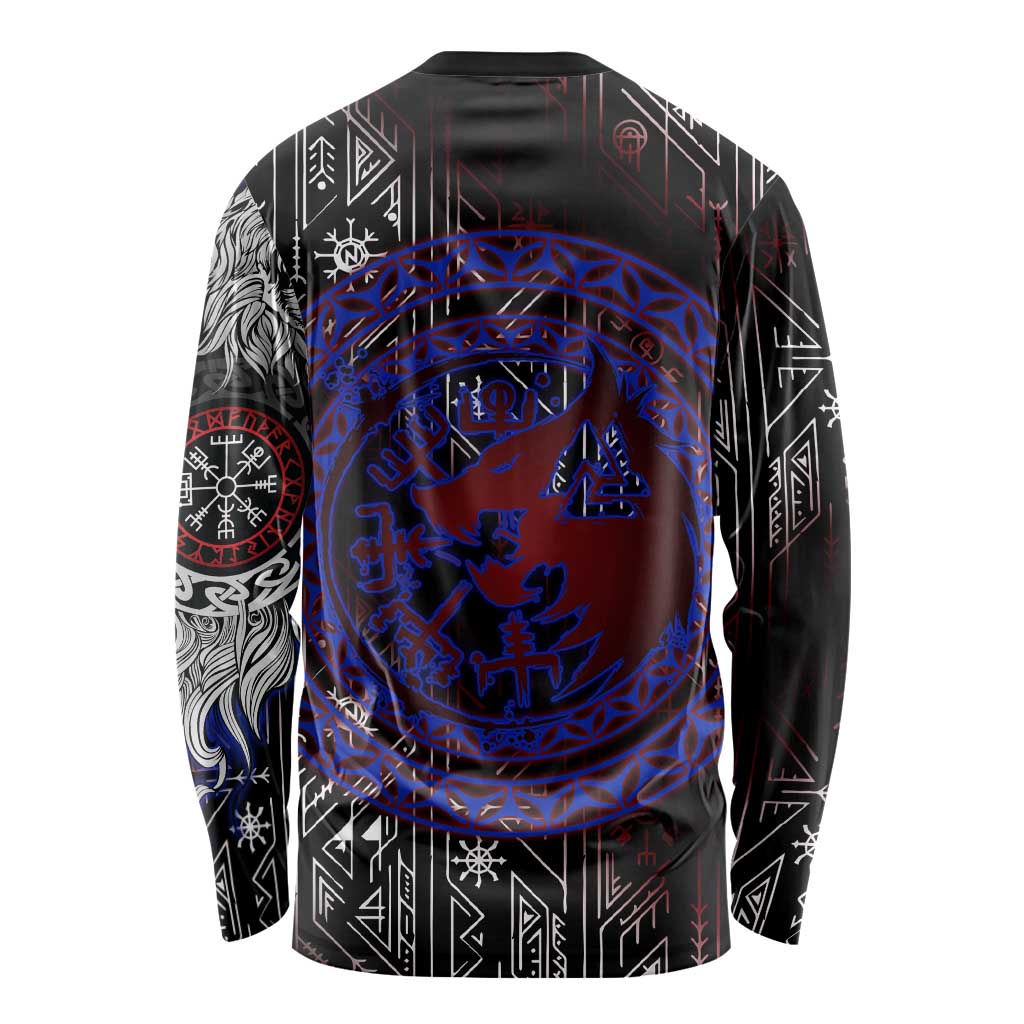 Fenrir Wolf Viking Long Sleeve Shirt with Vegvisir Runes and Red Circle Norse Legend Tribute - Wonder Print Shop