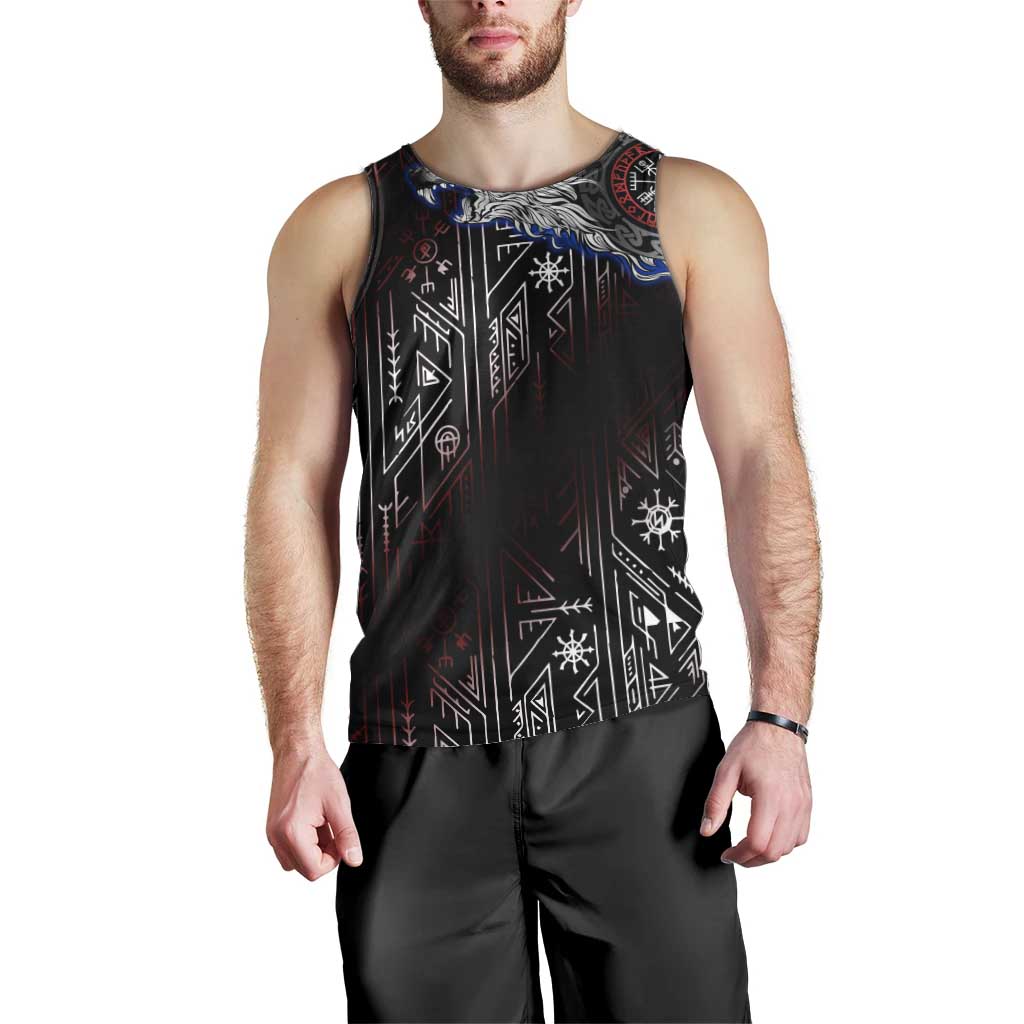Fenrir Wolf Viking Men Tank Top with Vegvisir Runes and Red Circle Norse Legend Tribute - Wonder Print Shop