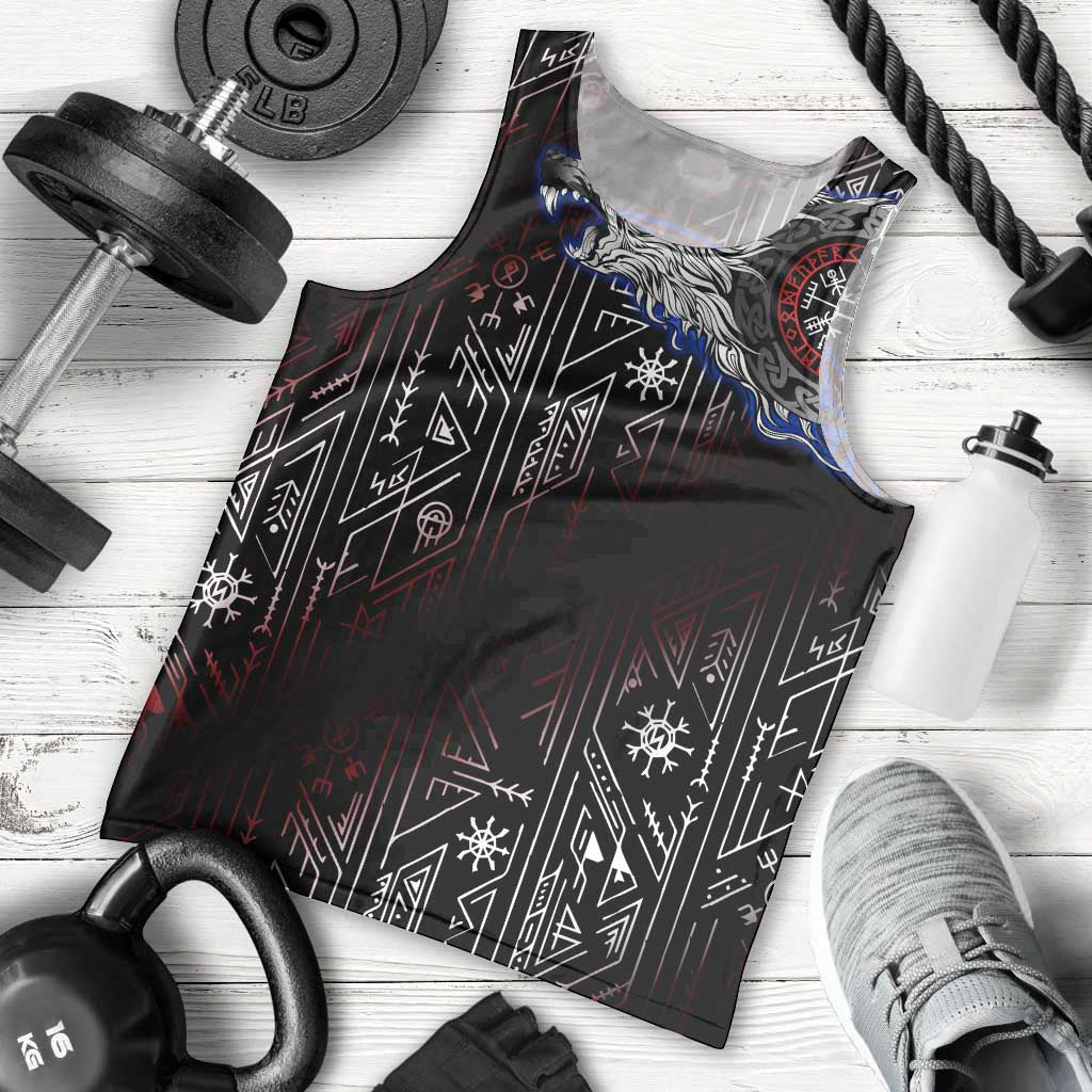 Fenrir Wolf Viking Men Tank Top with Vegvisir Runes and Red Circle Norse Legend Tribute - Wonder Print Shop