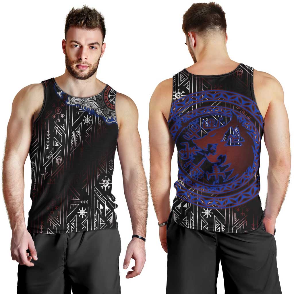 Fenrir Wolf Viking Men Tank Top with Vegvisir Runes and Red Circle Norse Legend Tribute - Wonder Print Shop