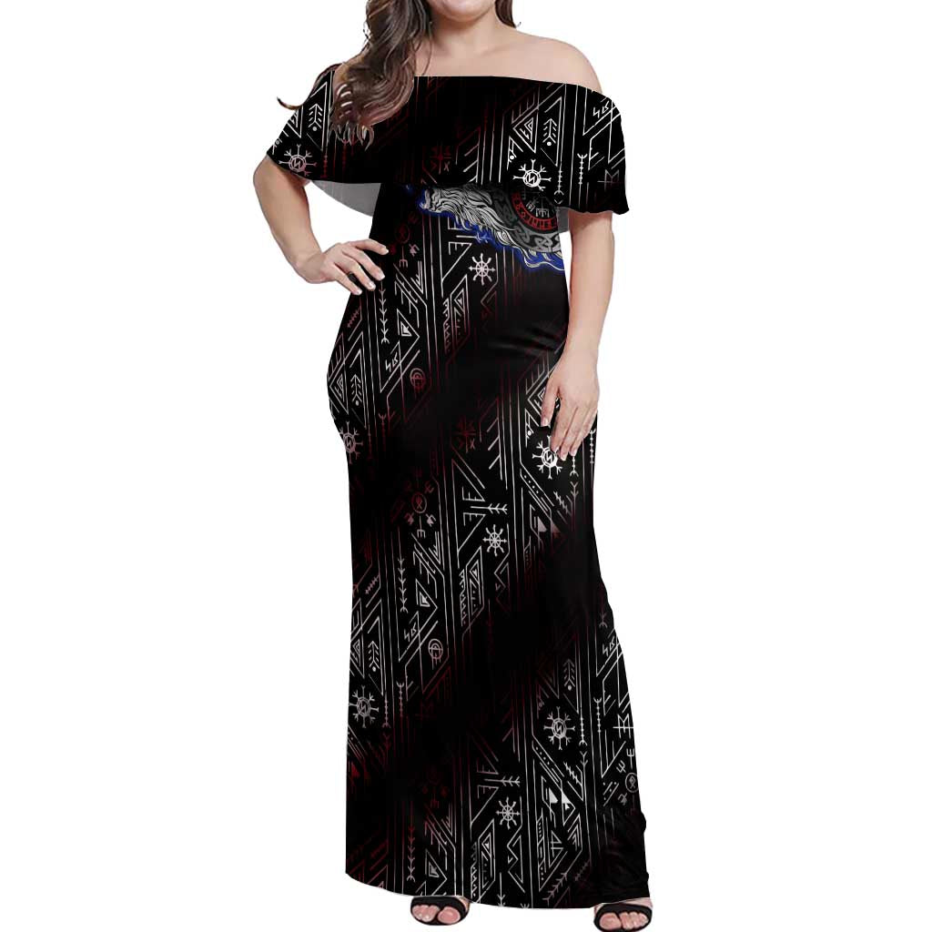 Fenrir Wolf Viking Off Shoulder Maxi Dress with Vegvisir Runes and Red Circle Norse Legend Tribute - Wonder Print Shop