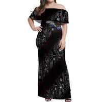 Fenrir Wolf Viking Off Shoulder Maxi Dress with Vegvisir Runes and Red Circle Norse Legend Tribute - Wonder Print Shop