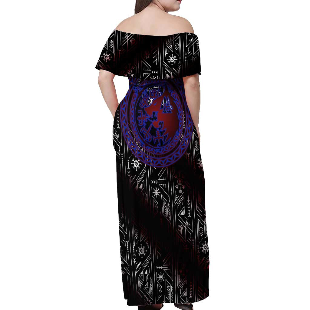 Fenrir Wolf Viking Off Shoulder Maxi Dress with Vegvisir Runes and Red Circle Norse Legend Tribute - Wonder Print Shop