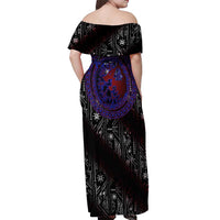 Fenrir Wolf Viking Off Shoulder Maxi Dress with Vegvisir Runes and Red Circle Norse Legend Tribute - Wonder Print Shop