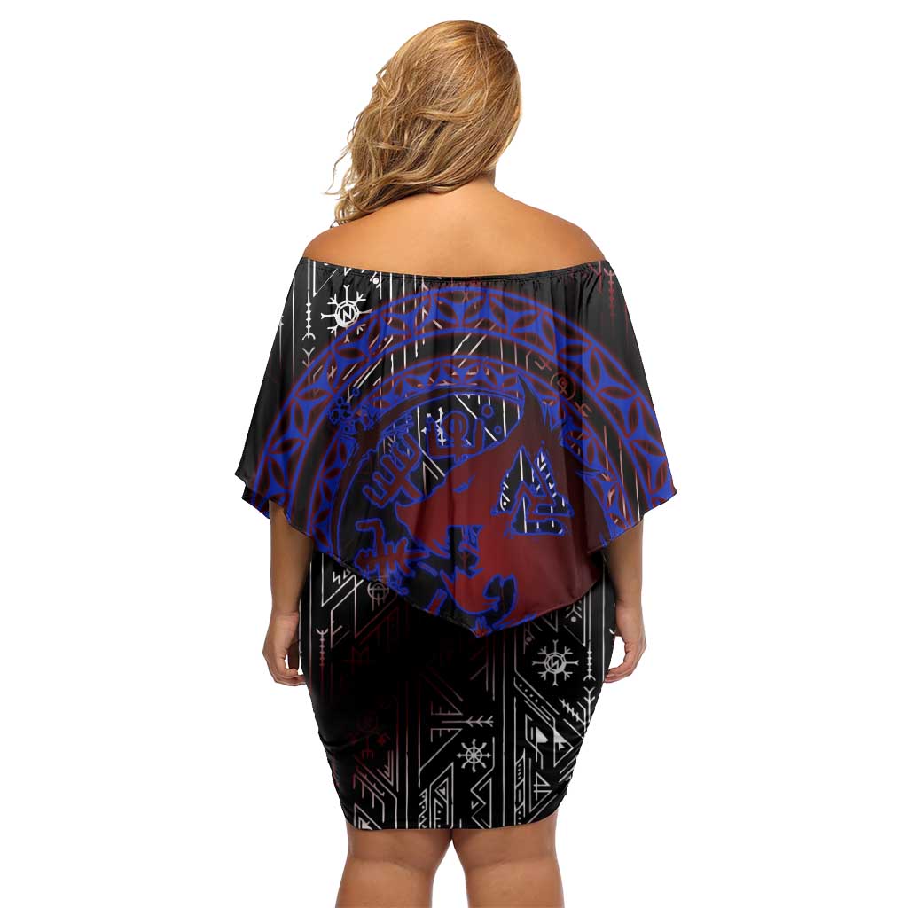 Fenrir Wolf Viking Off Shoulder Short Dress with Vegvisir Runes and Red Circle Norse Legend Tribute - Wonder Print Shop