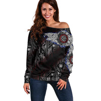 Fenrir Wolf Viking Off Shoulder Sweater with Vegvisir Runes and Red Circle Norse Legend Tribute - Wonder Print Shop