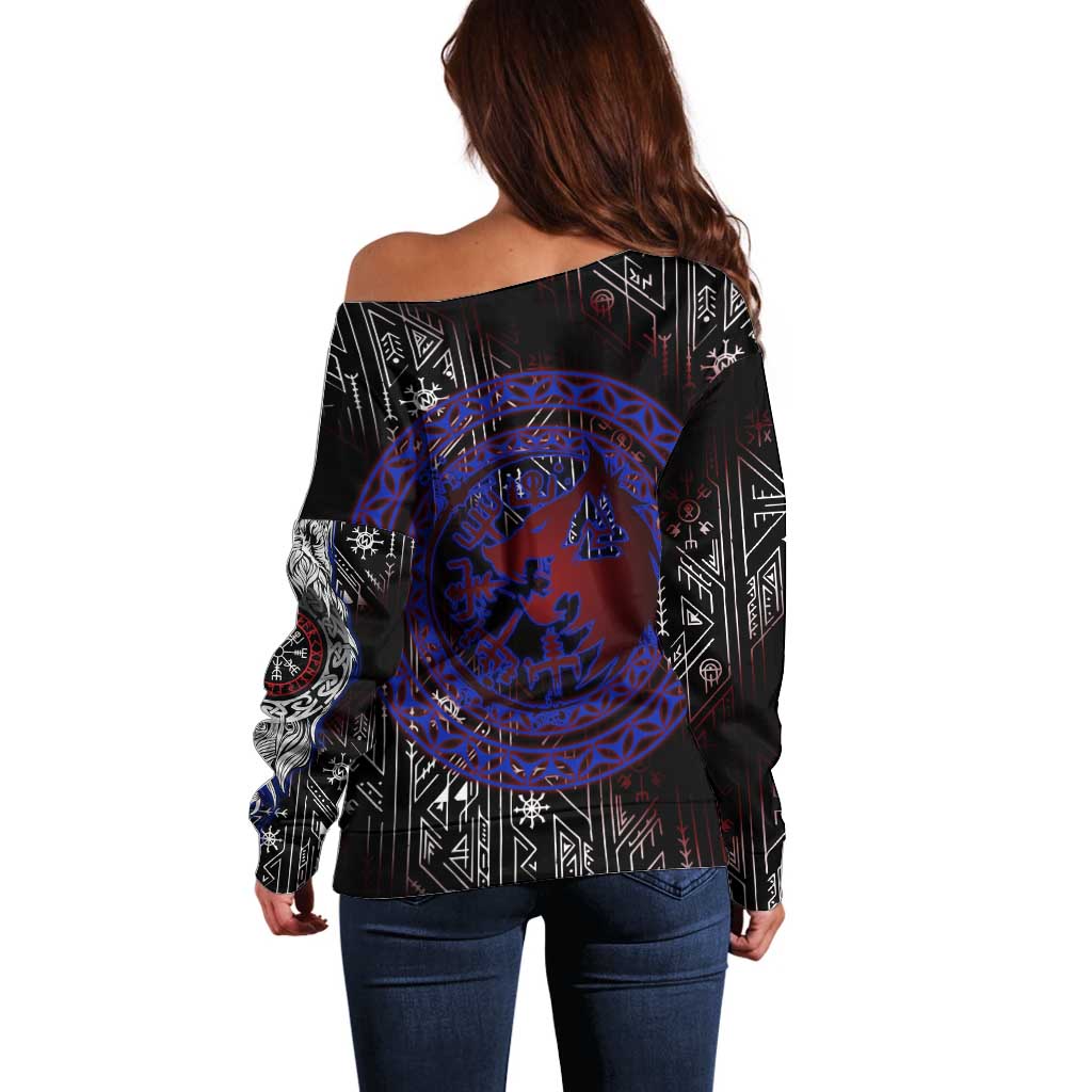 Fenrir Wolf Viking Off Shoulder Sweater with Vegvisir Runes and Red Circle Norse Legend Tribute - Wonder Print Shop