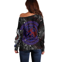 Fenrir Wolf Viking Off Shoulder Sweater with Vegvisir Runes and Red Circle Norse Legend Tribute - Wonder Print Shop
