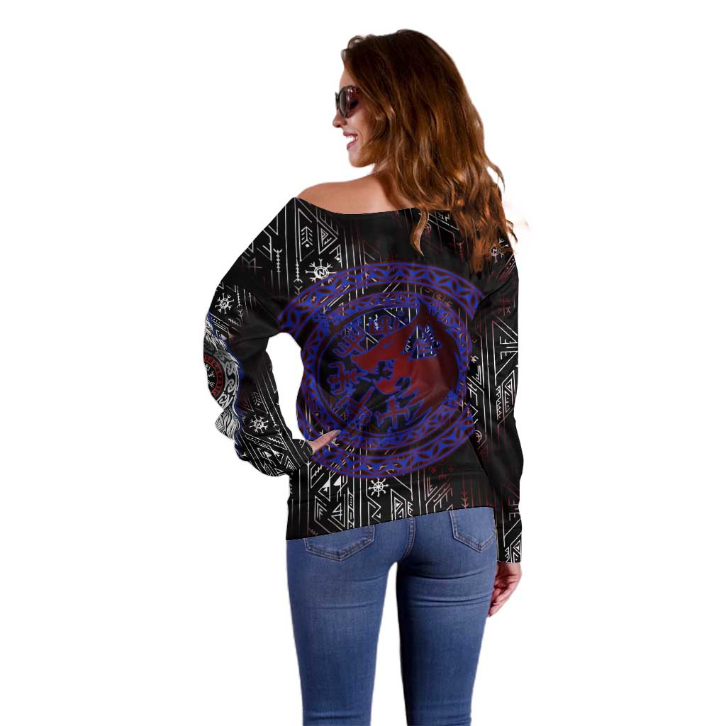 Fenrir Wolf Viking Off Shoulder Sweater with Vegvisir Runes and Red Circle Norse Legend Tribute - Wonder Print Shop