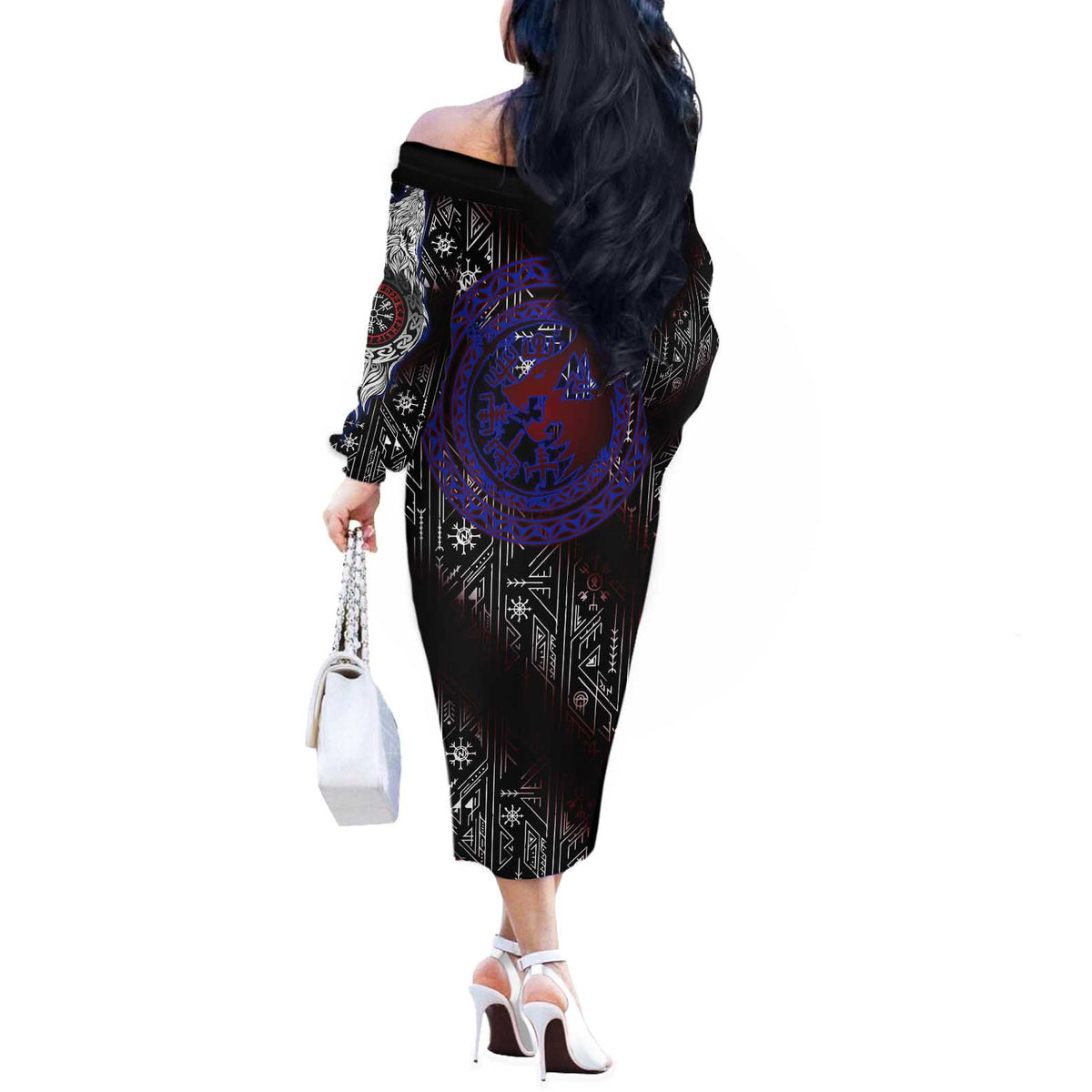 Fenrir Wolf Viking Off The Shoulder Long Sleeve Dress with Vegvisir Runes and Red Circle Norse Legend Tribute - Wonder Print Shop