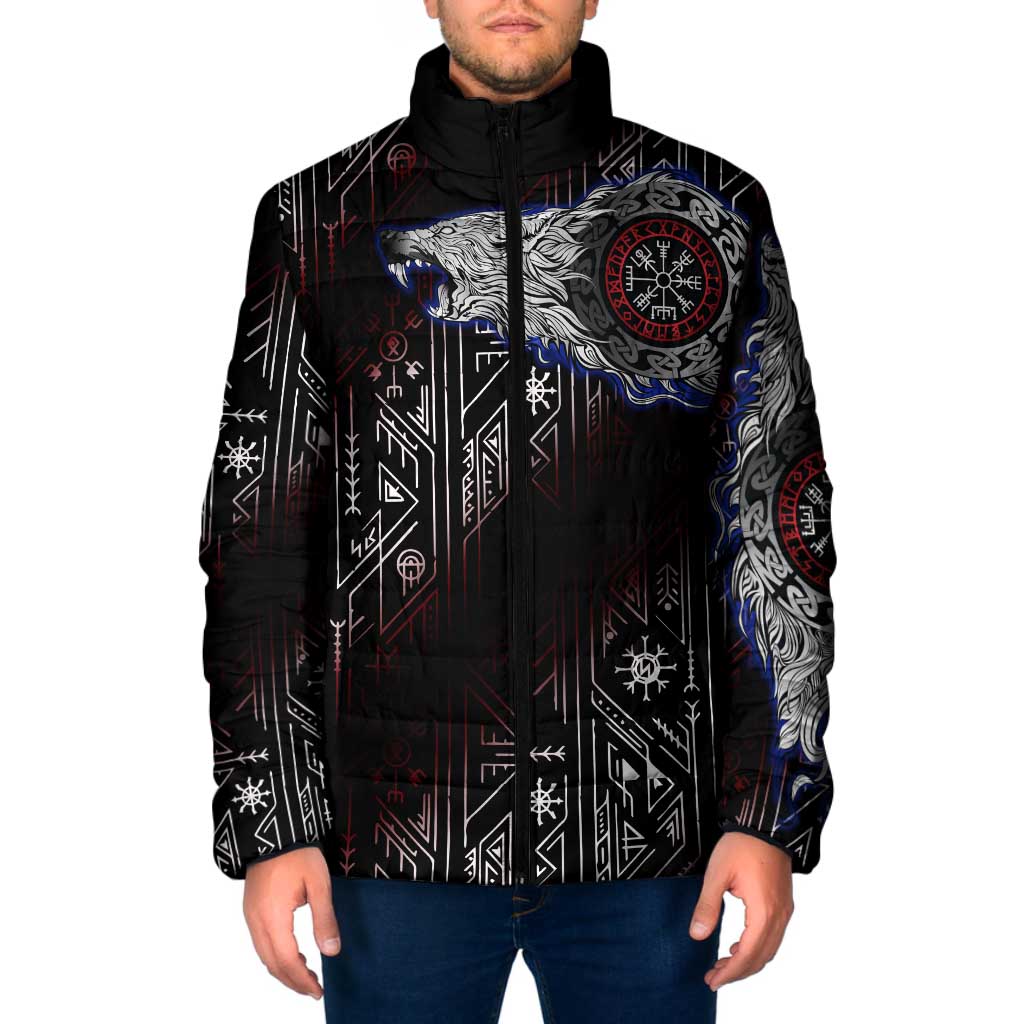 Fenrir Wolf Viking Padded Jacket with Vegvisir Runes and Red Circle Norse Legend Tribute - Wonder Print Shop