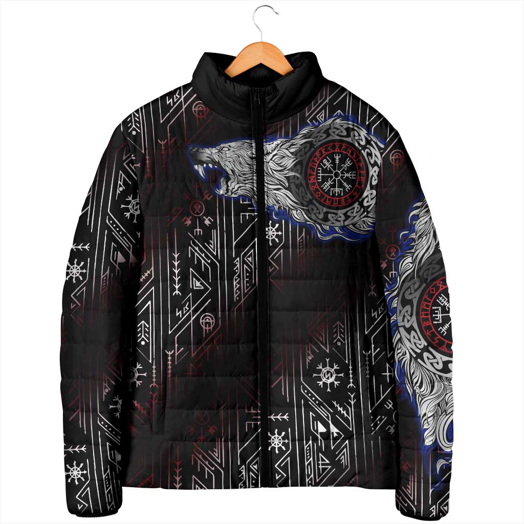Fenrir Wolf Viking Padded Jacket with Vegvisir Runes and Red Circle Norse Legend Tribute - Wonder Print Shop