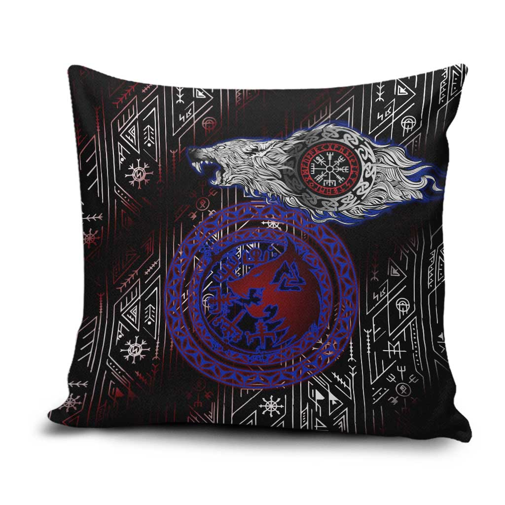 Fenrir Wolf Viking Pillow Cover with Vegvisir Runes and Red Circle Norse Legend Tribute - Wonder Print Shop