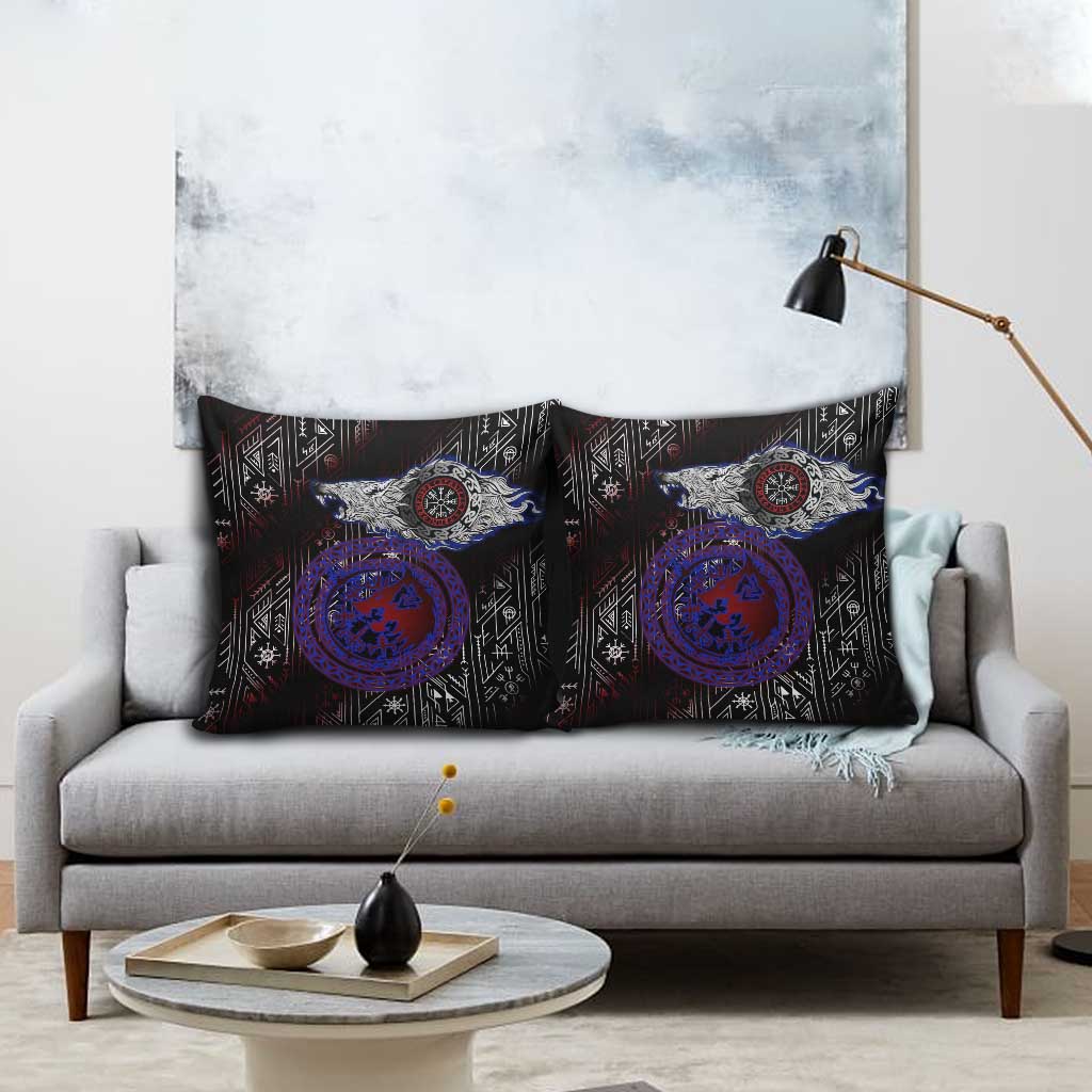 Fenrir Wolf Viking Pillow Cover with Vegvisir Runes and Red Circle Norse Legend Tribute - Wonder Print Shop