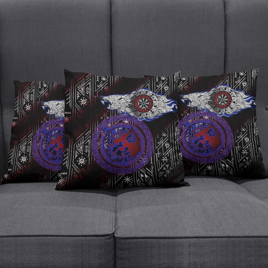 Fenrir Wolf Viking Pillow Cover with Vegvisir Runes and Red Circle Norse Legend Tribute - Wonder Print Shop