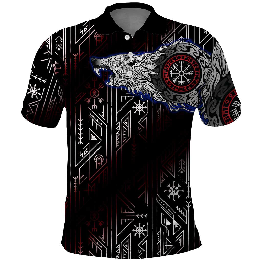 Fenrir Wolf Viking Polo Shirt with Vegvisir Runes and Red Circle Norse Legend Tribute - Wonder Print Shop