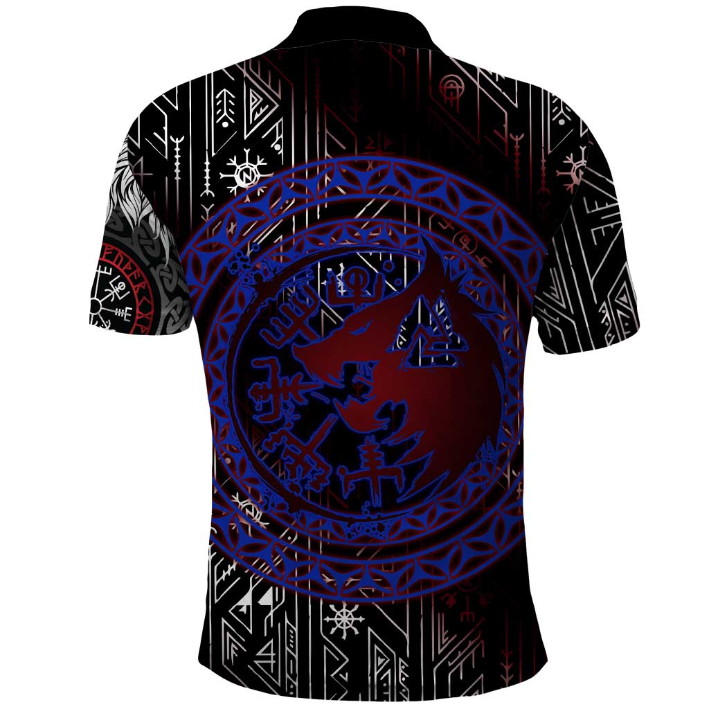 Fenrir Wolf Viking Polo Shirt with Vegvisir Runes and Red Circle Norse Legend Tribute - Wonder Print Shop