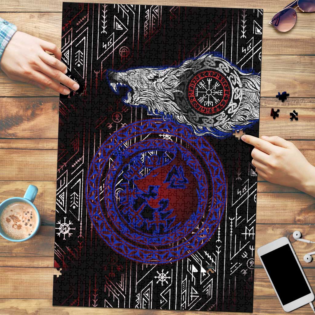 Fenrir Wolf Viking Puzzle with Vegvisir Runes and Red Circle Norse Legend Tribute - Wonder Print Shop