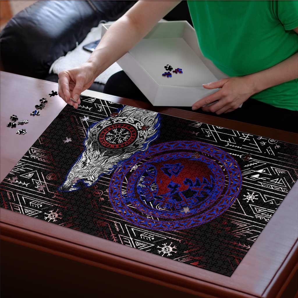 Fenrir Wolf Viking Puzzle with Vegvisir Runes and Red Circle Norse Legend Tribute - Wonder Print Shop