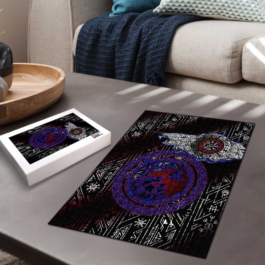 Fenrir Wolf Viking Puzzle with Vegvisir Runes and Red Circle Norse Legend Tribute - Wonder Print Shop
