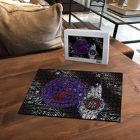 Fenrir Wolf Viking Puzzle with Vegvisir Runes and Red Circle Norse Legend Tribute - Wonder Print Shop