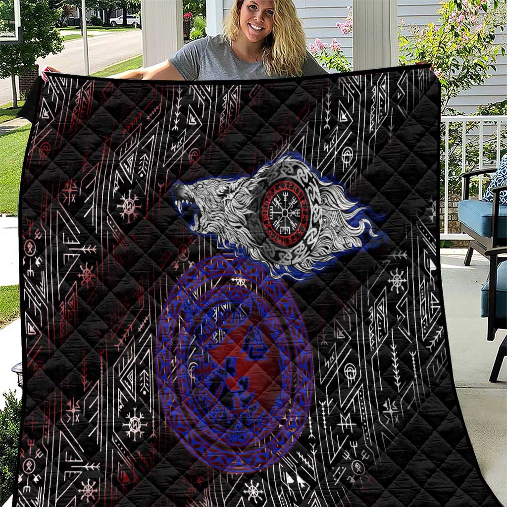 Fenrir Wolf Viking Quilt with Vegvisir Runes and Red Circle Norse Legend Tribute - Wonder Print Shop