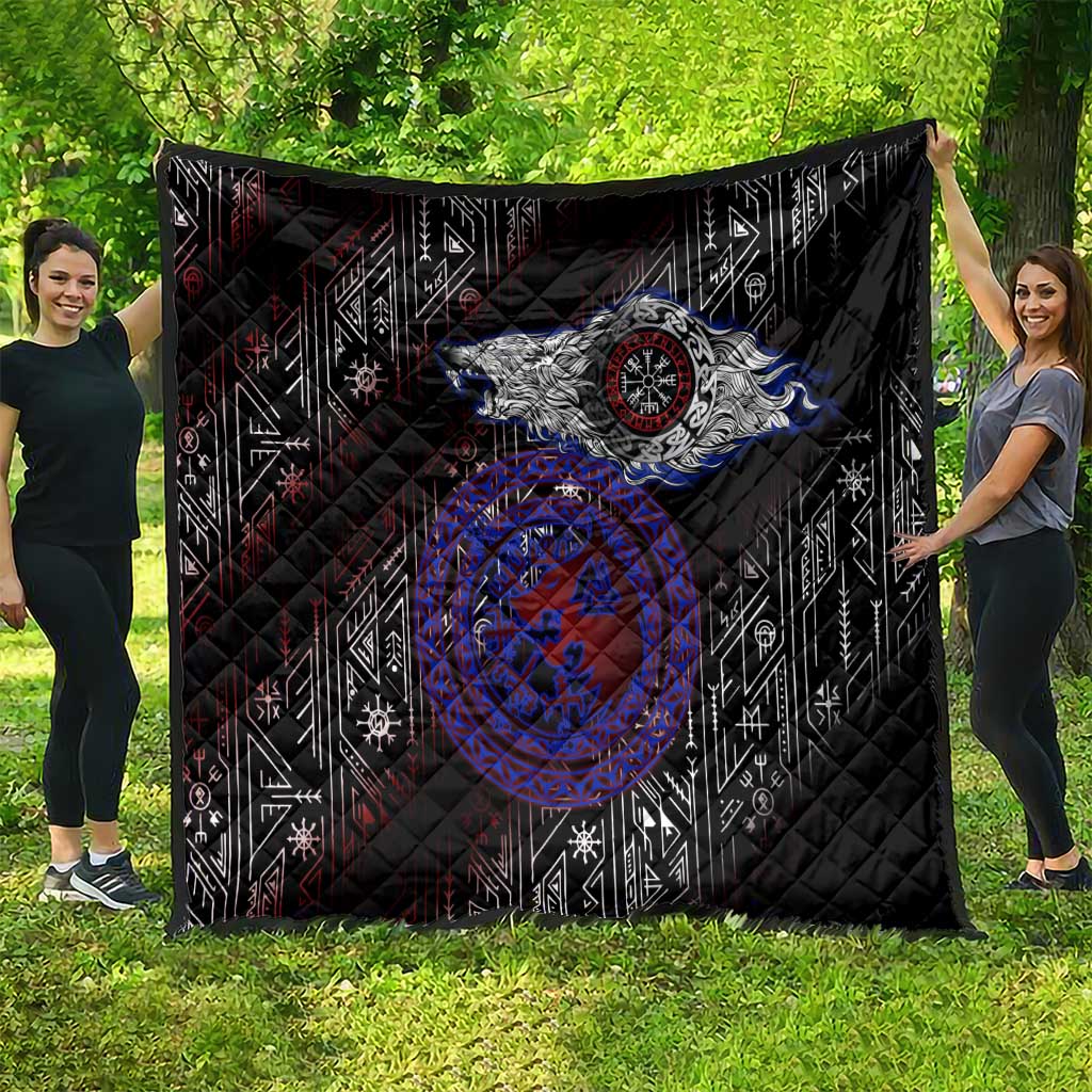 Fenrir Wolf Viking Quilt with Vegvisir Runes and Red Circle Norse Legend Tribute - Wonder Print Shop