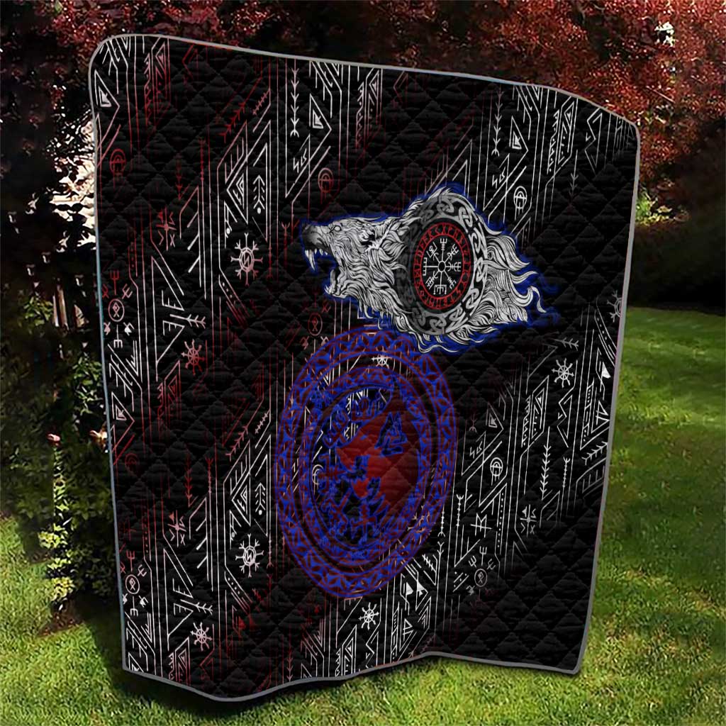 Fenrir Wolf Viking Quilt with Vegvisir Runes and Red Circle Norse Legend Tribute - Wonder Print Shop