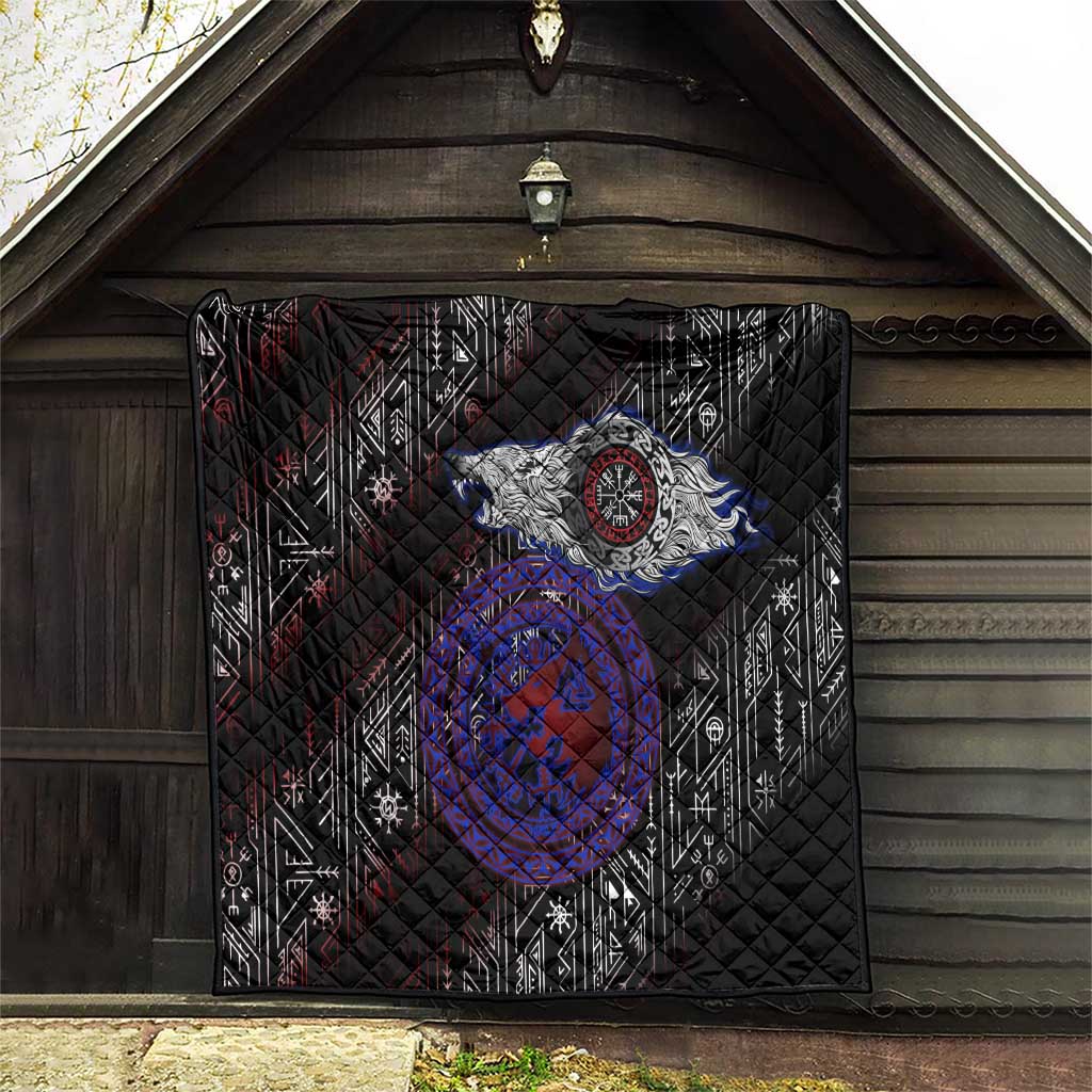 Fenrir Wolf Viking Quilt with Vegvisir Runes and Red Circle Norse Legend Tribute - Wonder Print Shop