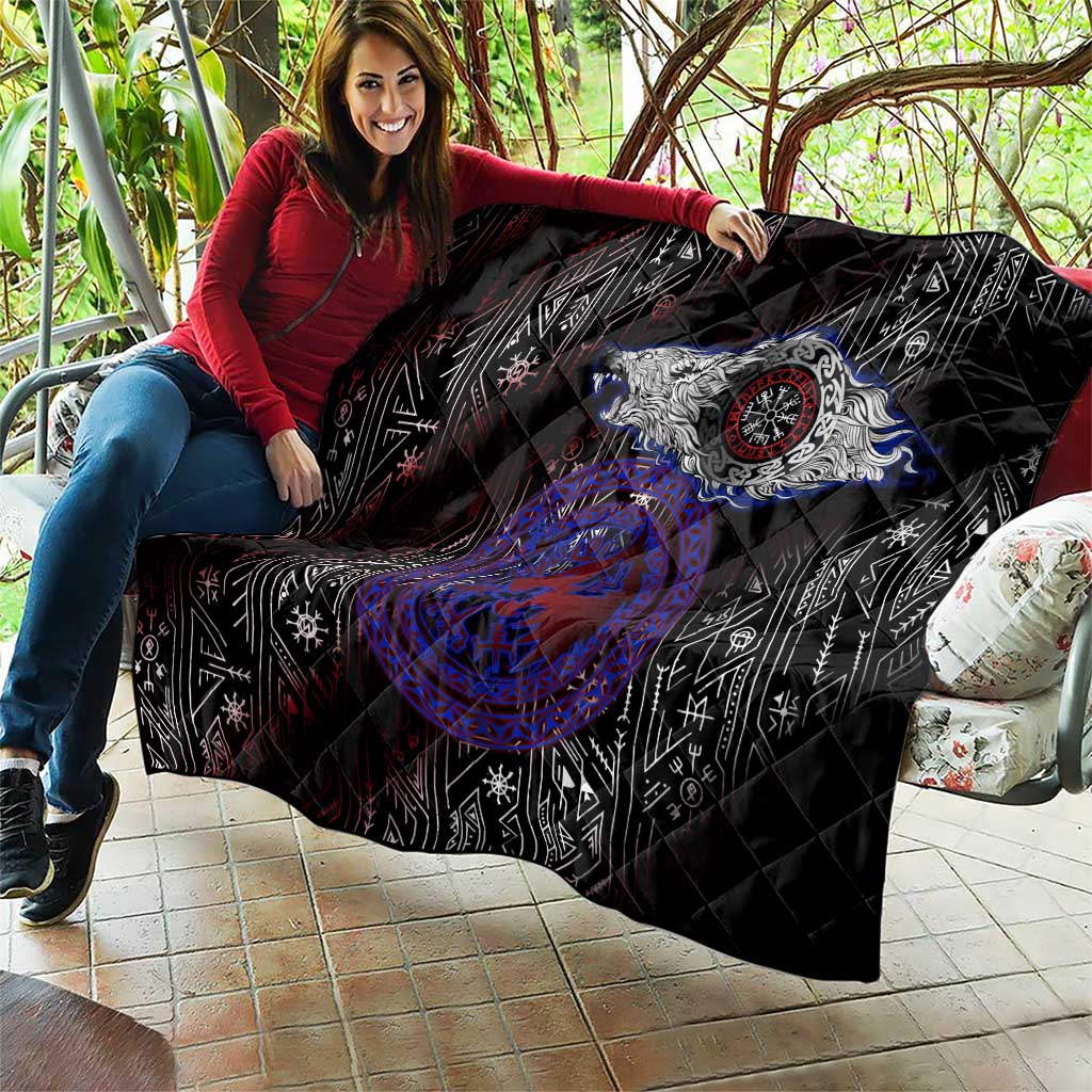 Fenrir Wolf Viking Quilt with Vegvisir Runes and Red Circle Norse Legend Tribute - Wonder Print Shop