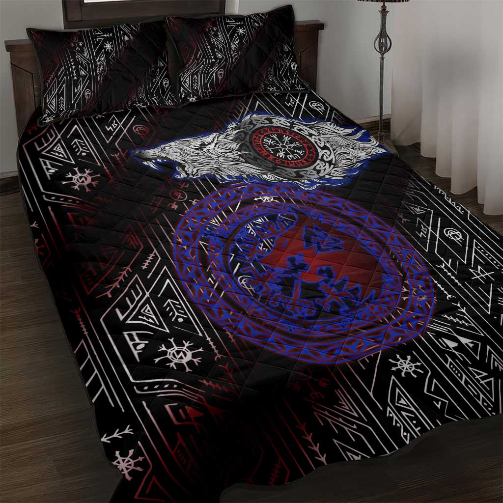 Fenrir Wolf Viking Quilt Bed Set with Vegvisir Runes and Red Circle Norse Legend Tribute - Wonder Print Shop