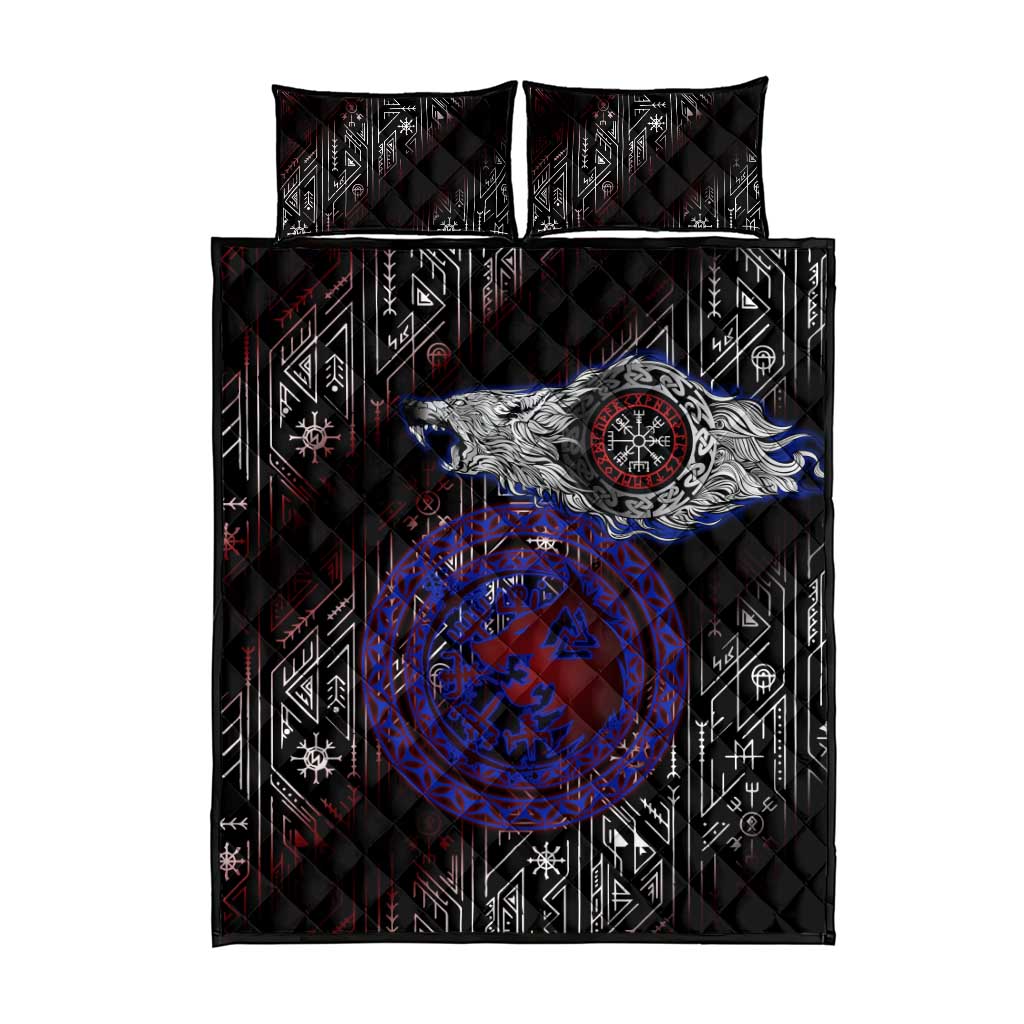 Fenrir Wolf Viking Quilt Bed Set with Vegvisir Runes and Red Circle Norse Legend Tribute - Wonder Print Shop