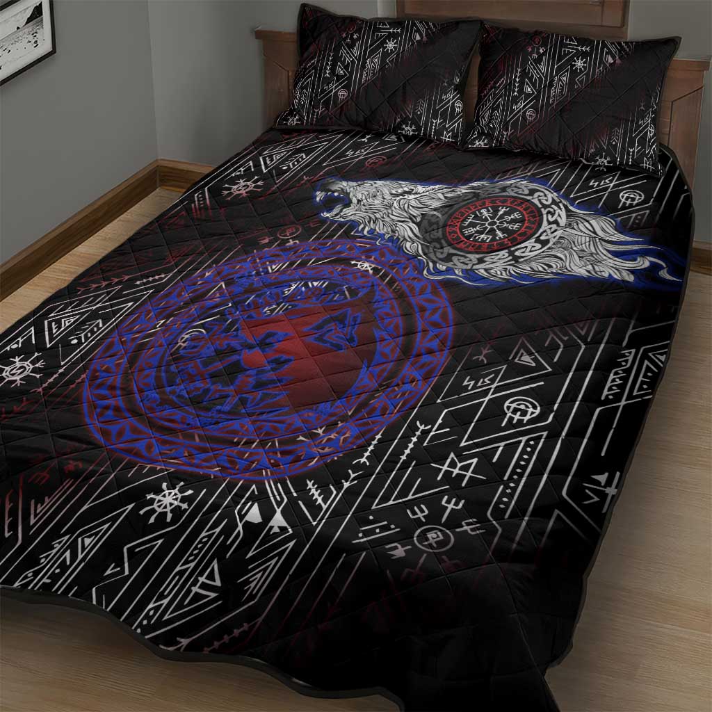 Fenrir Wolf Viking Quilt Bed Set with Vegvisir Runes and Red Circle Norse Legend Tribute - Wonder Print Shop