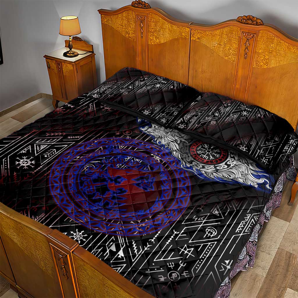 Fenrir Wolf Viking Quilt Bed Set with Vegvisir Runes and Red Circle Norse Legend Tribute - Wonder Print Shop