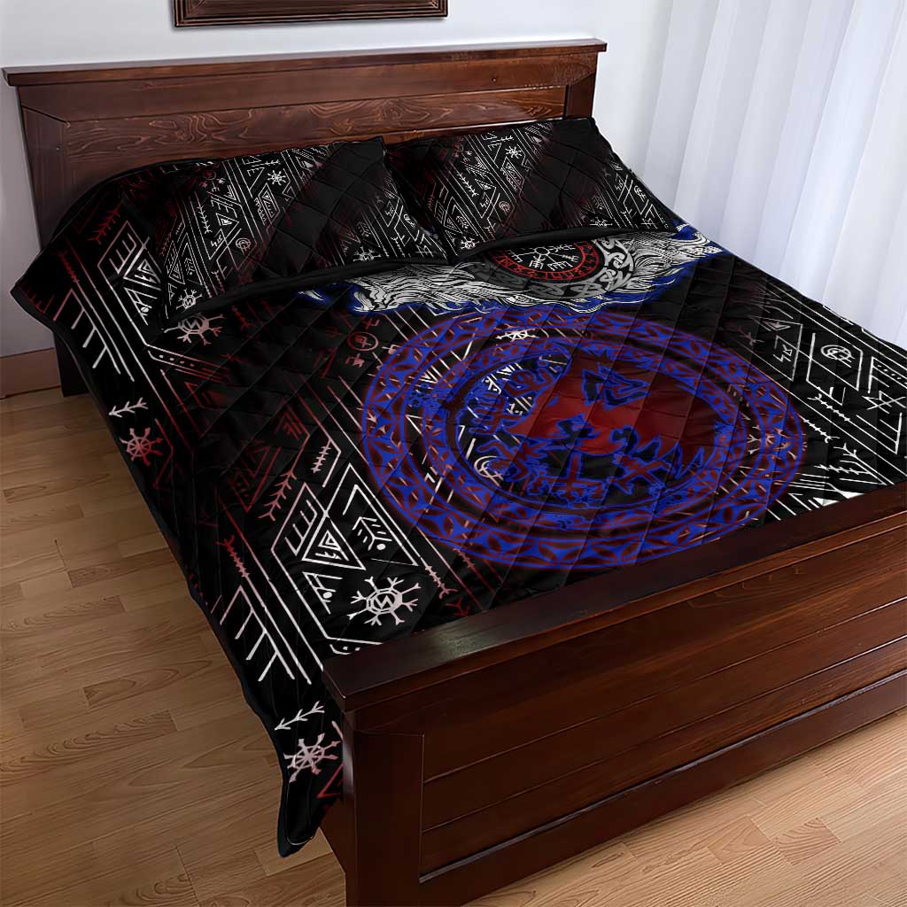 Fenrir Wolf Viking Quilt Bed Set with Vegvisir Runes and Red Circle Norse Legend Tribute - Wonder Print Shop