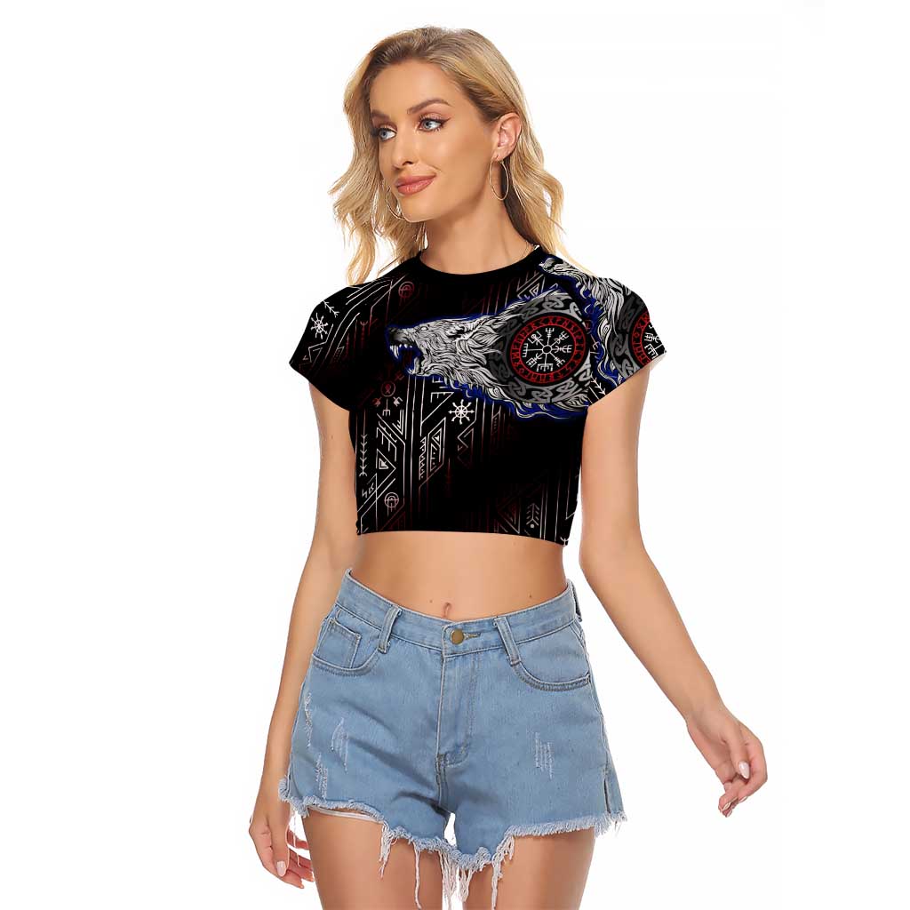 Fenrir Wolf Viking Raglan Cropped T Shirt with Vegvisir Runes and Red Circle Norse Legend Tribute - Wonder Print Shop