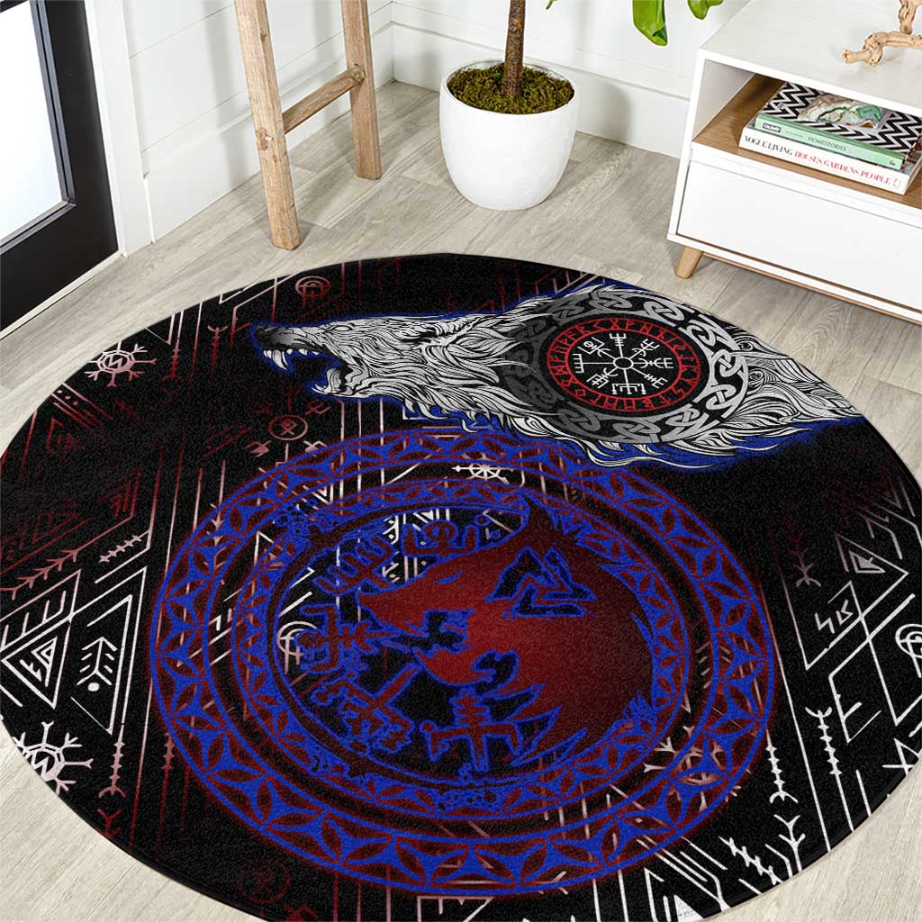 Fenrir Wolf Viking Round Carpet with Vegvisir Runes and Red Circle Norse Legend Tribute - Wonder Print Shop