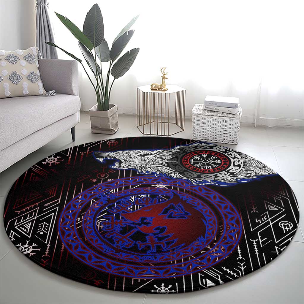 Fenrir Wolf Viking Round Carpet with Vegvisir Runes and Red Circle Norse Legend Tribute - Wonder Print Shop
