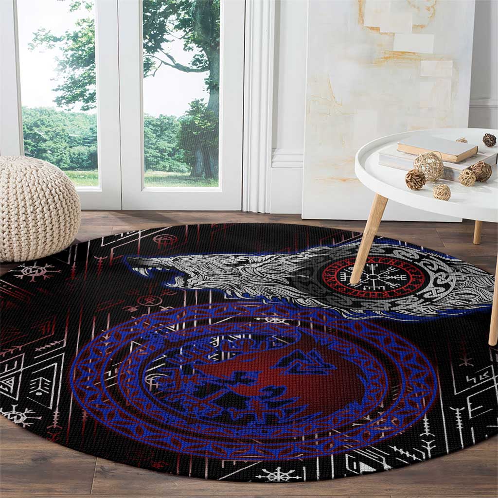 Fenrir Wolf Viking Round Carpet with Vegvisir Runes and Red Circle Norse Legend Tribute - Wonder Print Shop