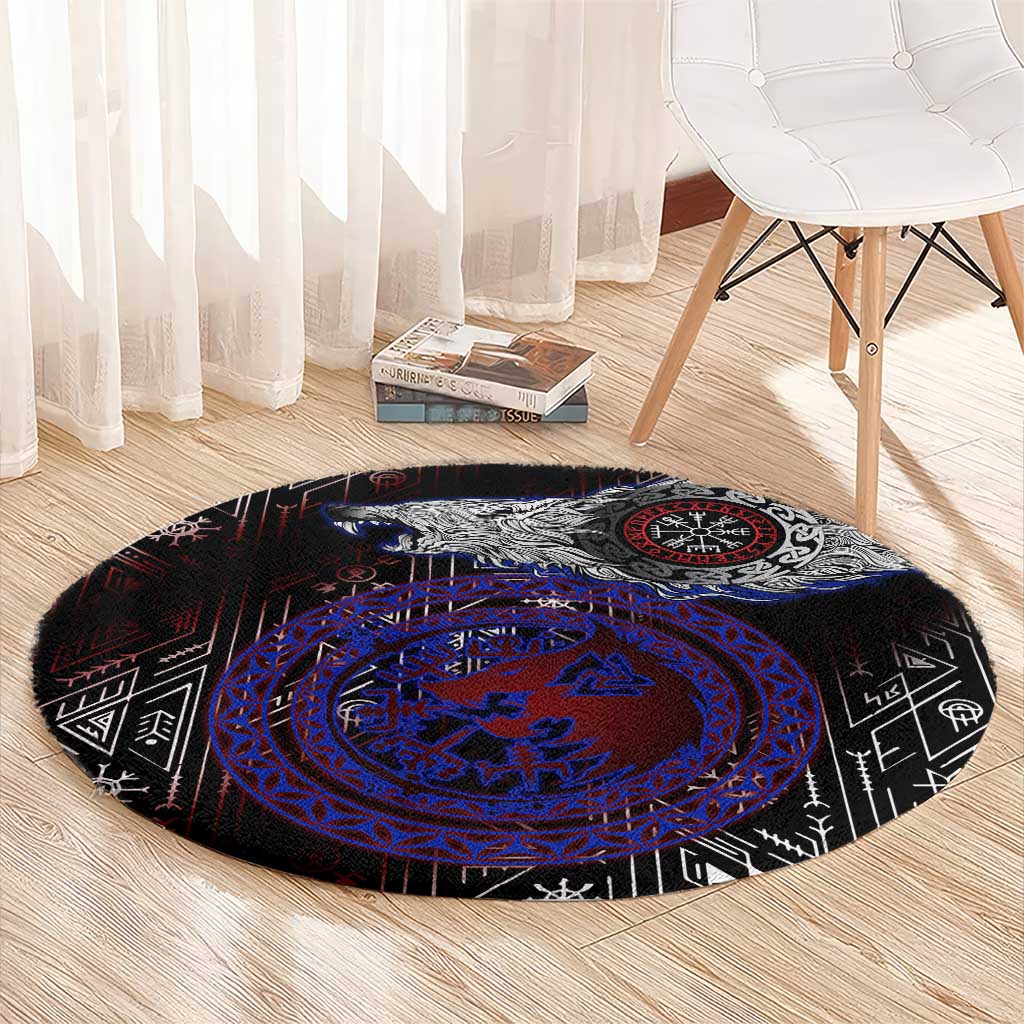 Fenrir Wolf Viking Round Carpet with Vegvisir Runes and Red Circle Norse Legend Tribute - Wonder Print Shop